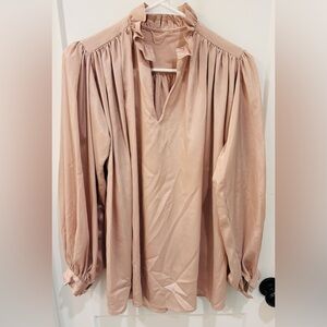 Vintage Helene Slidel Tan/Blush Ruffle Neck/Puff Sleeve Top. Size Small